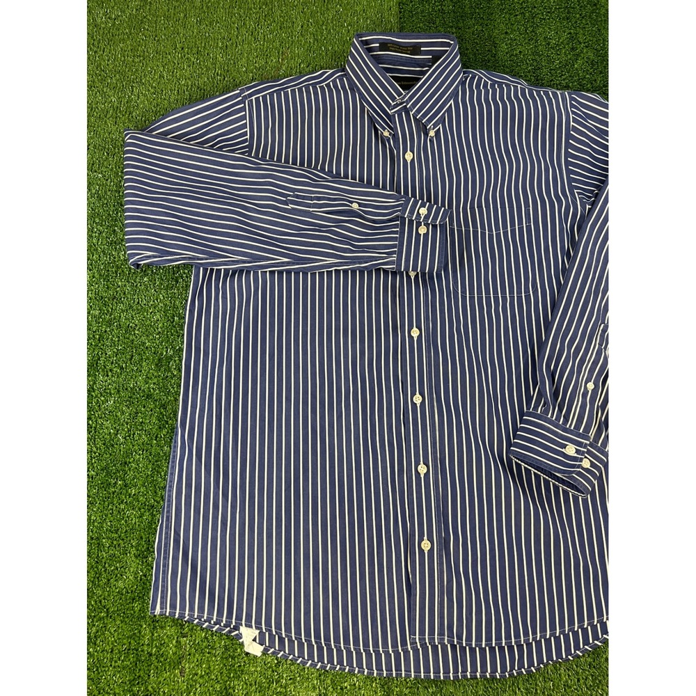 Allen Edmonds Mens XL Blue White Striped Wrinkle Free Cotton Button Down Shirt‎